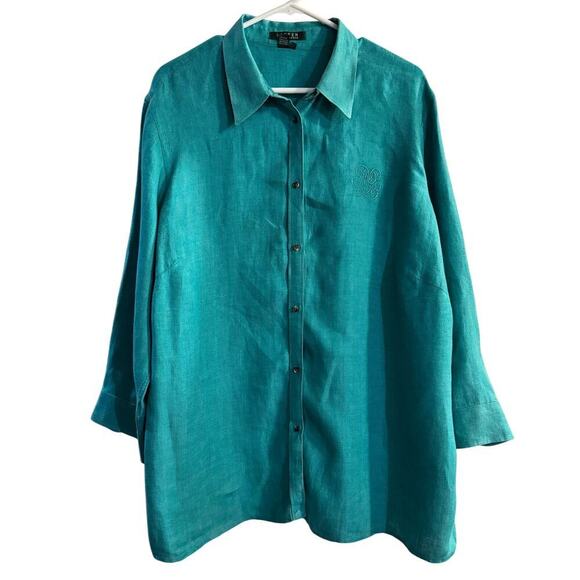 Lauren Ralph Lauren 100% Linen Button Up Women’s Shirt Embroidered Logo Teal 2X - Picture 1 of 7